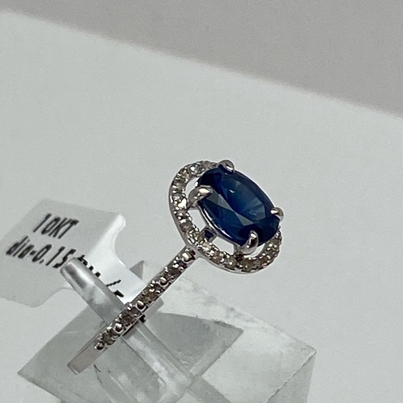 10K White Gold Oval Shape Blue Sapphire and Diamond Halo Ring NEW - Picture 10 of 15